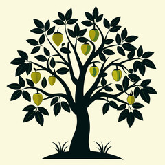 Minimal Fruit Tree Silhouette with Leaves Flat Vector