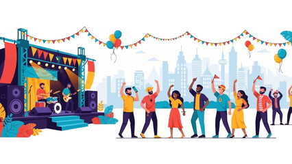 Vibrant flat vector illustration of a lively outdoor music festival featuring a live band on stage, a diverse crowd of people dancing, and a modern city skyline. © CHAMOD 
