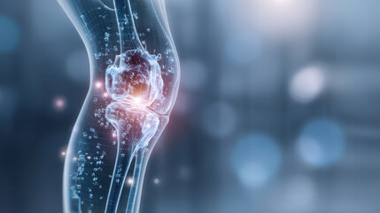 Futuristic knee joint x ray medical technology digital healthcare orthopedic anatomy joint pain human leg skeletal structure injury diagnosis hologram style blue background Futuristic knee joint x