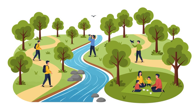Flat vector illustration of people enjoying outdoor activities in a green park with a river, including hikers, birdwatchers, and a family having a picnic lunch.