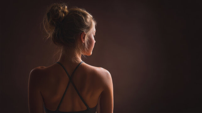 Woman back posture female shoulder soft light dark background fitness top relaxed pose healthy skin studio portrait young adult brown hair woman back posture soft light female shoulder silhouette