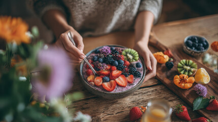 Healthy breakfast bowl fruit smoothie bowl preparation fresh berry topping kiwi slice decoration rustic wooden table woman hand spoon colorful food styling natural morning light organic ingredient