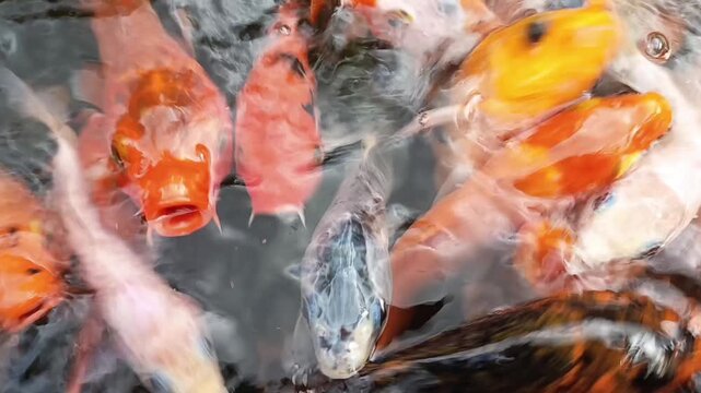 Blurry close-up shot of colorful koi fish swimming rapidly in a pond with clear water and a mix of orange, white, and black scales.
