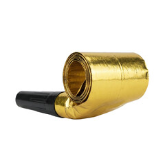 Rolled gold metallic party blower noisemaker on transparent background