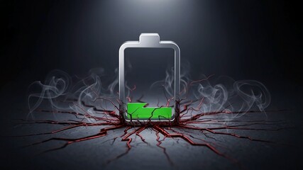 Overheating battery with smoke and cracks on dark background