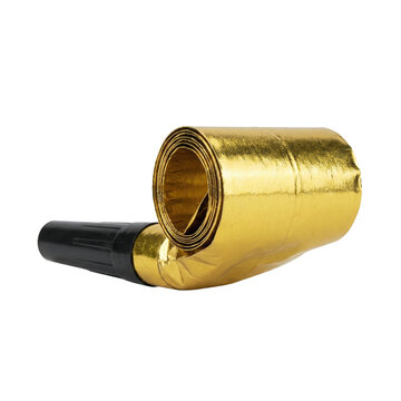 Rolled gold metallic party blower noisemaker on transparent background