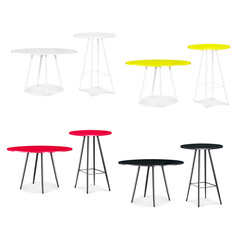 Round counter table with metal legs. Realistic 3d vector mockup set. Black, white, color. Easy editable. Four legged circular tabletop desk. Mock-up. Template for design