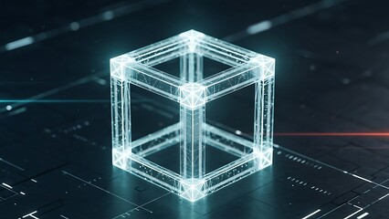 Glowing digital cube in dark space.