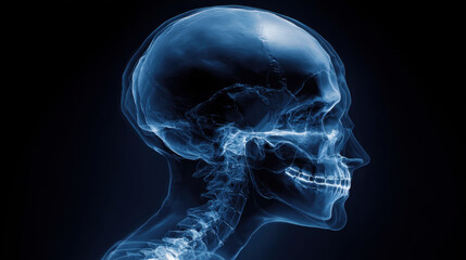 Skull profile human head x ray blue light medical anatomy brain skeleton neck bone side view healthcare skull profile blue x ray style human head with brain skeleton neck bone side view medical