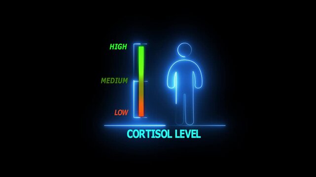 Cortisol Level Indicator with Human Icon and Futuristic Neon Scale Showing Stress Hormone Monitoring and Medical Analysis.
