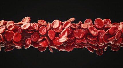 Close up of red blood cells moving along a blood vessel against black backdrop