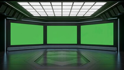 Modern studio with green screen and sleek lighting design