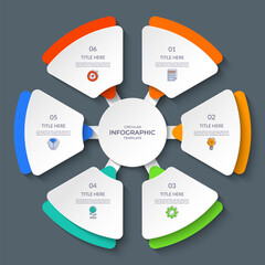 Infographic circle with 6 steps, options. Round chart, cycle diagram divided into six parts. Can be used for report, business analytics, data visualization, presentation, educational content.