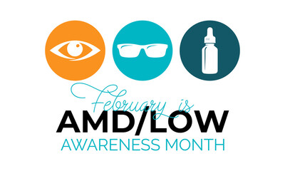 Obraz premium AMDLow or AMD Low Vision Awareness Month is every year in February. Design for banner, cards, prints, social media, poster, flyer and background design template.