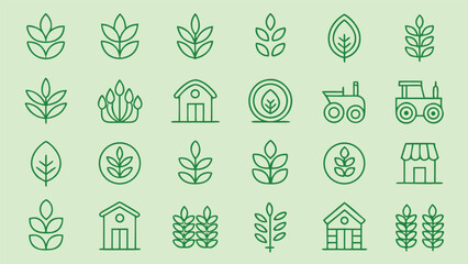 Agriculture farming line icons collection. set of leaves and plants with house and tractor. farm and nature symbols in outline style © Sadhin07