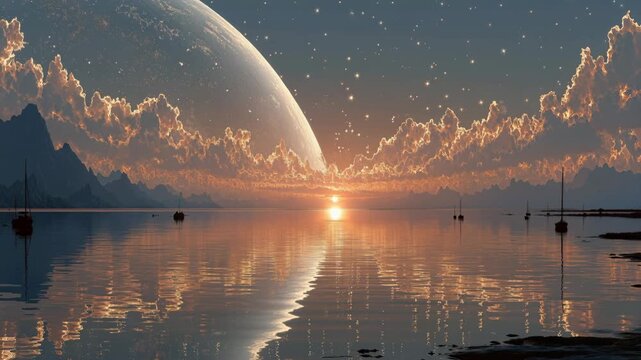 Sci fi landscape with boats sailing on an alien ocean during sunset with large planet.