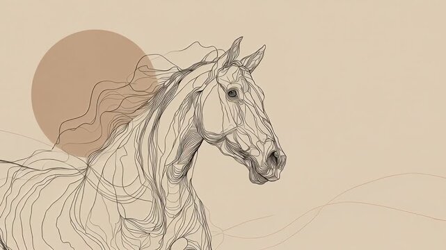 A horse with a sun in the background. The horse is drawn in a very stylized way. Minimal horse zodiac illustration, thin elegant line art, calm balanced composition, zodiac horse line art