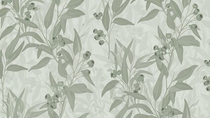 Gray botanical pattern with leaves and flowers.