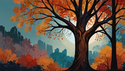 Majestic autumn tree in city park at sunset. Colorful fall forest with big tree and skyline. Vibrant autumn landscape with urban skyline.