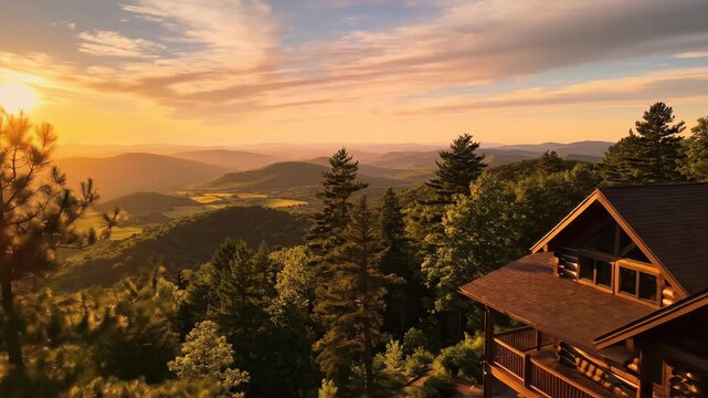 Cozy log cabin in pine forest at sunset. Rustic wooden house on mountain hillside overlooking valley. Cabincore aesthetic nature retreat and woodland escape concept.
