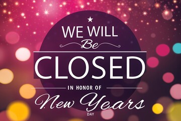 Closed for New Years Day Announcement, We Will Be Closed New Years Day Sign, In Honor of New Years Day Closure Notice, Pink Bokeh Holiday Closed Graphic, New Years Day Business Closure Poster