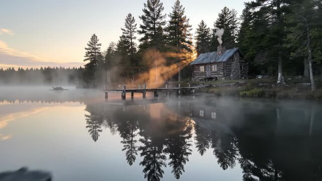 Misty wooden cabin by serene lake with dock and forest reflections. Cozy cabincore scene of peaceful nature retreat at dawn with warm light emerging.