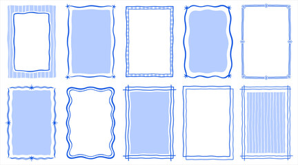 Hand drawn uneven doodle cozy cute frames text boxes collection. Rectangle A4 retro vintage templates with brush pen marker drawn stars sparkles shapes. Wavy uneven lines. Graphic design elements