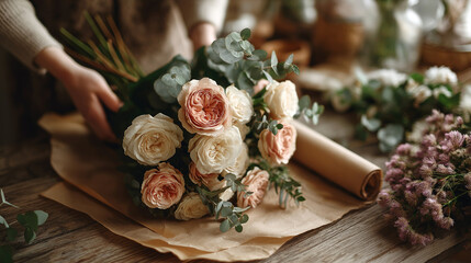 Florist hands wrapping a cream and pink rose bouquet with eucalyptus in craft paper on a rustic wooden table during a workshop, showcasing handmade floral artistry and care