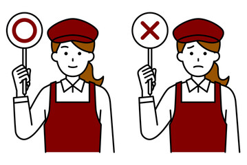 ○&times;マークを掲げるカフェの女性店員