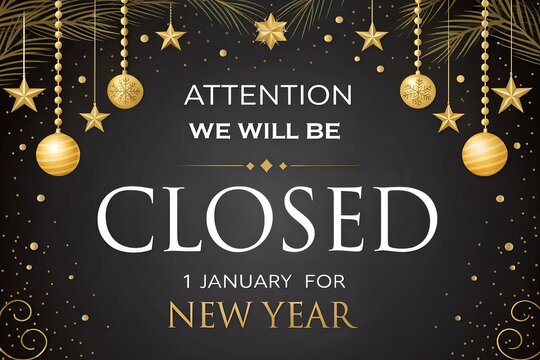 New Year Business Closure Announcement, Black and Gold Store Closed Graphic, January 1st Holiday Hours Notice, Elegant New Year's Day Closure Template, Professional Holiday Business Signage