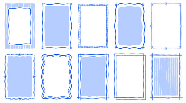 Hand drawn uneven doodle cozy cute frames text boxes collection. Rectangle A4 retro vintage templates with brush pen marker drawn stars sparkles shapes. Wavy uneven lines. Graphic design elements