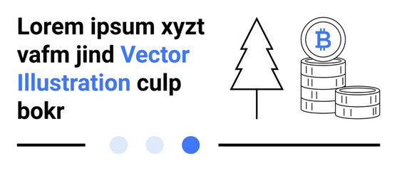 Obraz premium Bitcoin coins on stacked platforms next to a pine tree, accompanied by lorem ipsum text and navigation dots. Ideal for cryptocurrency, blockchain, nature, minimalism, finance, eco-concepts, simple