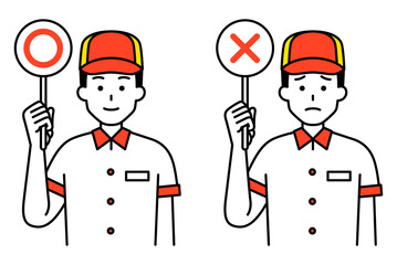 ○&times;マークを掲げるファストフード店の男性店員