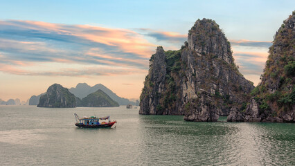 Halong Bay at sunrise in Vietnam