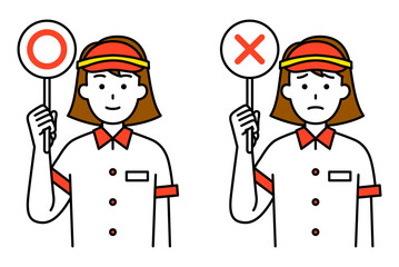 ○&times;マークを掲げるファストフード店の女性店員