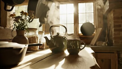 Cozy cabin kitchen sequence with steaming teapot and sunlight. Rustic wooden interior featuring hanging pots, fireplace, and flowers. Cabincore aesthetic for relaxation and home comfort.