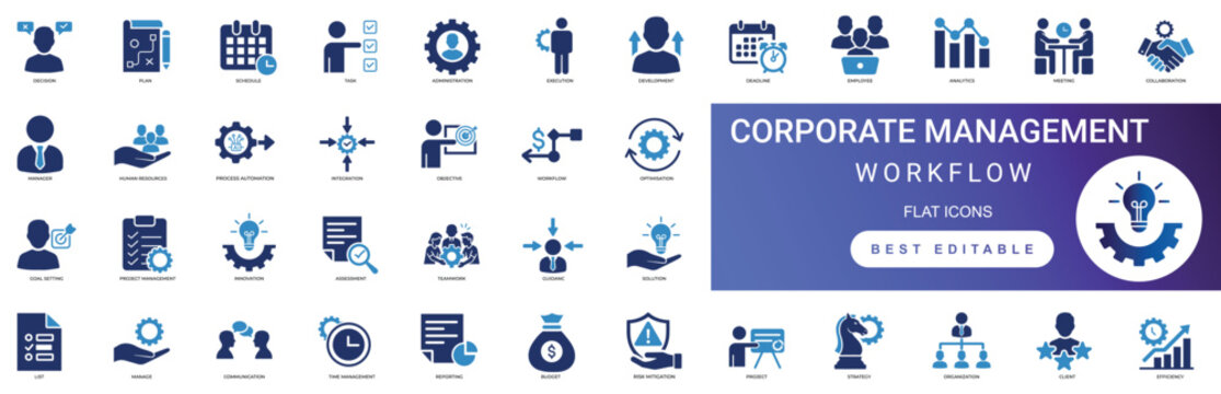 Corporate management workflow solid icon set featuring business optimization process, strategic organization planning, and teamwork efficiency vector symbols.