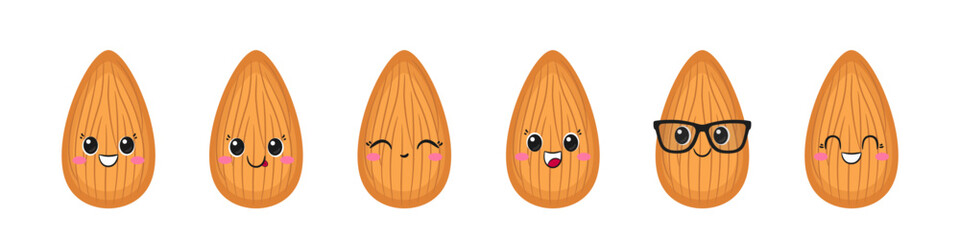 Set almond, cute cartoon character, tasty and healthy nut, happy smiling face, emotions joy delight, big eyes, kawaii style, flat vector illustration.