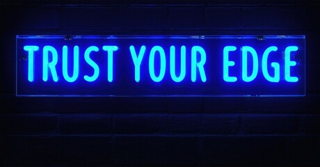 Bright neon sign displays motivational phrase Trust Your Edge against dark brick wall. Simple, bold lettering creates striking visual impact.