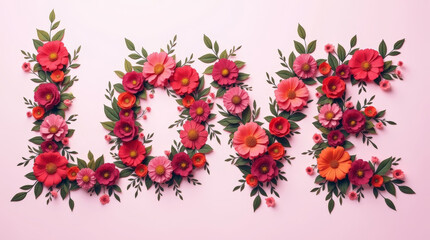 Word love formed from pink and red flowers with green leaves on a soft pastel background, floral concept for romance, celebration and seasonal design