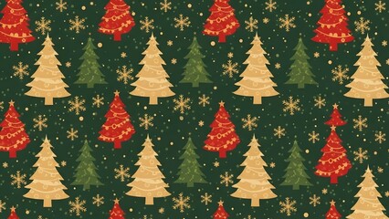 Festive Christmas Tree Pattern in Green Gold and Red Tones.