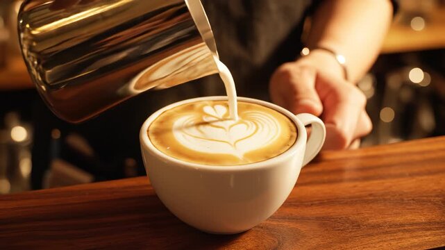 Barista pouring milk into coffee cup
