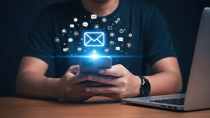 Man using smartphone with glowing email icon and symbols floating above