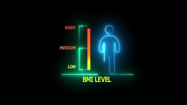 BMI Level Health Indicator with Human Icon and Neon UI Scale Showing Body Mass Index Range for Wellness Monitoring.