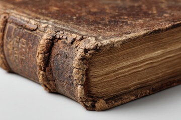 Fototapeta premium Vintage manuscript style book resting on a plain white background with soft studio lighting