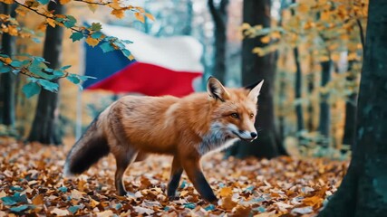 Red fox walking through autumn forest with Czech flag. National animal symbol in woodland setting. Wildlife and patriotism concept for country representation.