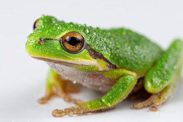Obraz premium Vivid green frog macro shot with bright eye against white seamless backdrop
