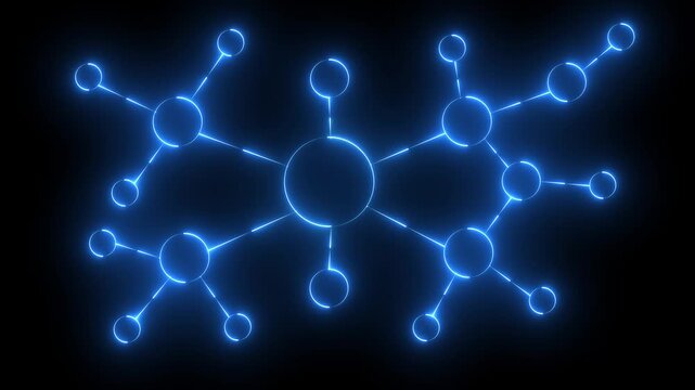 Neon glowing network connection nodes on dark background representing digital technology, data communication, blockchain structure and business connectivity.