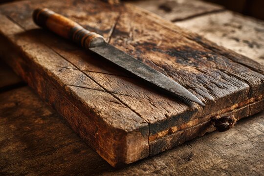 Vintage wooden cutting board with knife on a rustic wooden table bathed in warm natural light