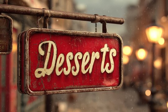 Vintage red dessert sign with retro lettering and weathered enamel finish